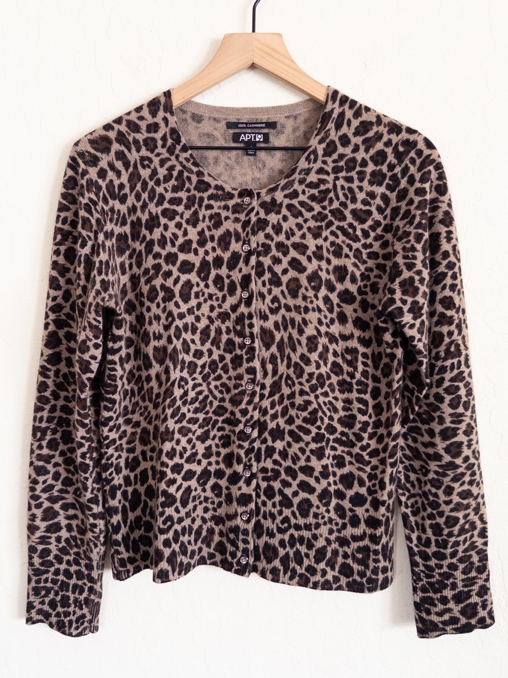 Apt 9 100% Cashmere Leopard Print Button Front Crewneck Cardigan Sweater Small